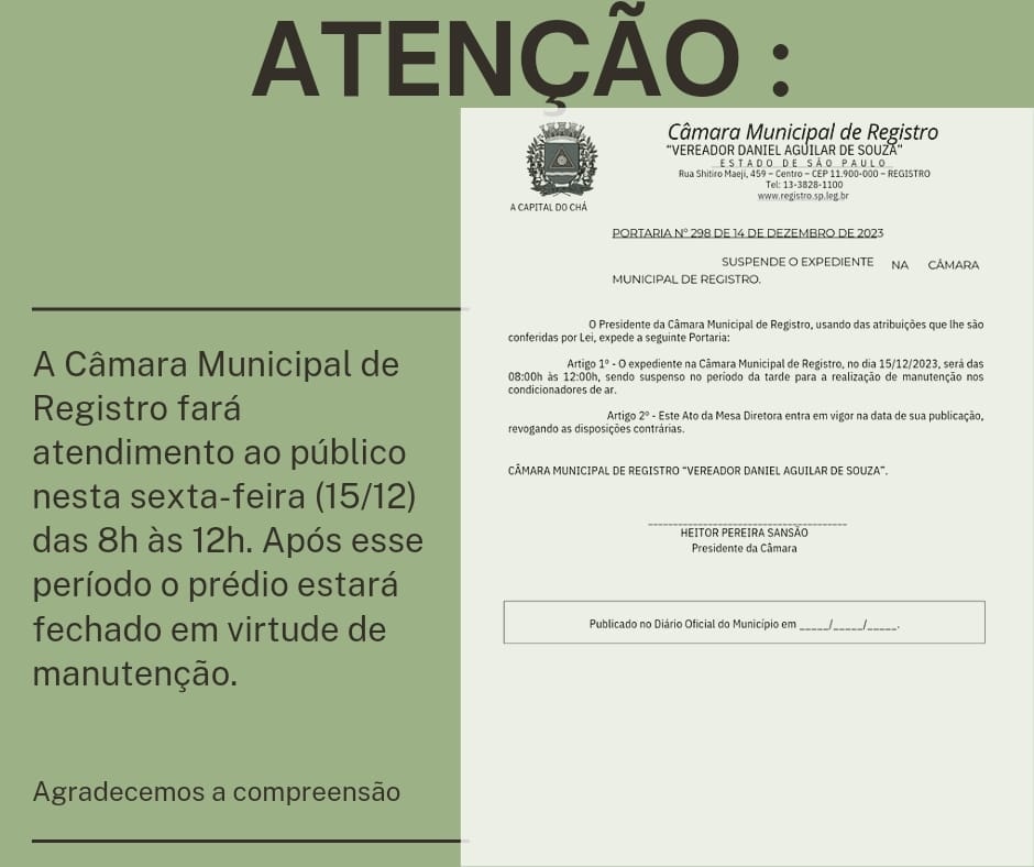 Câmara encerra atendimento ao público às 12 horas para manutenção