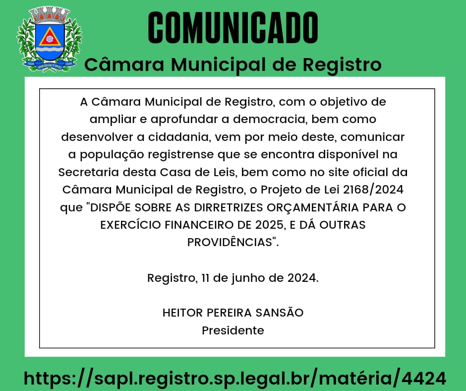 DISPONIBILIZAÇÃO DO PROJETO DE LEI 2168/2024 