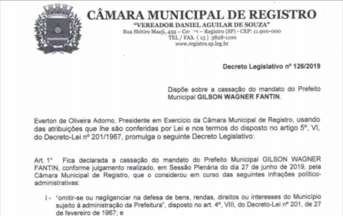 Decreto Legislativo sobre cassação do mandato do Prefeito Gilson Wagner Fantin.