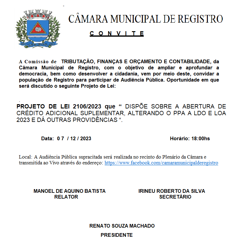 Projeto de Lei nº 2.106/2023, que “DISPÕE SOBRE ABERTURA DE CRÉDITO ADICIONAL SUPLEMENTAR, ALTERANDO O PPA A LDO E LOA DE 2023 E DÁ OUTRAS PROVIDÊNCIAS” 