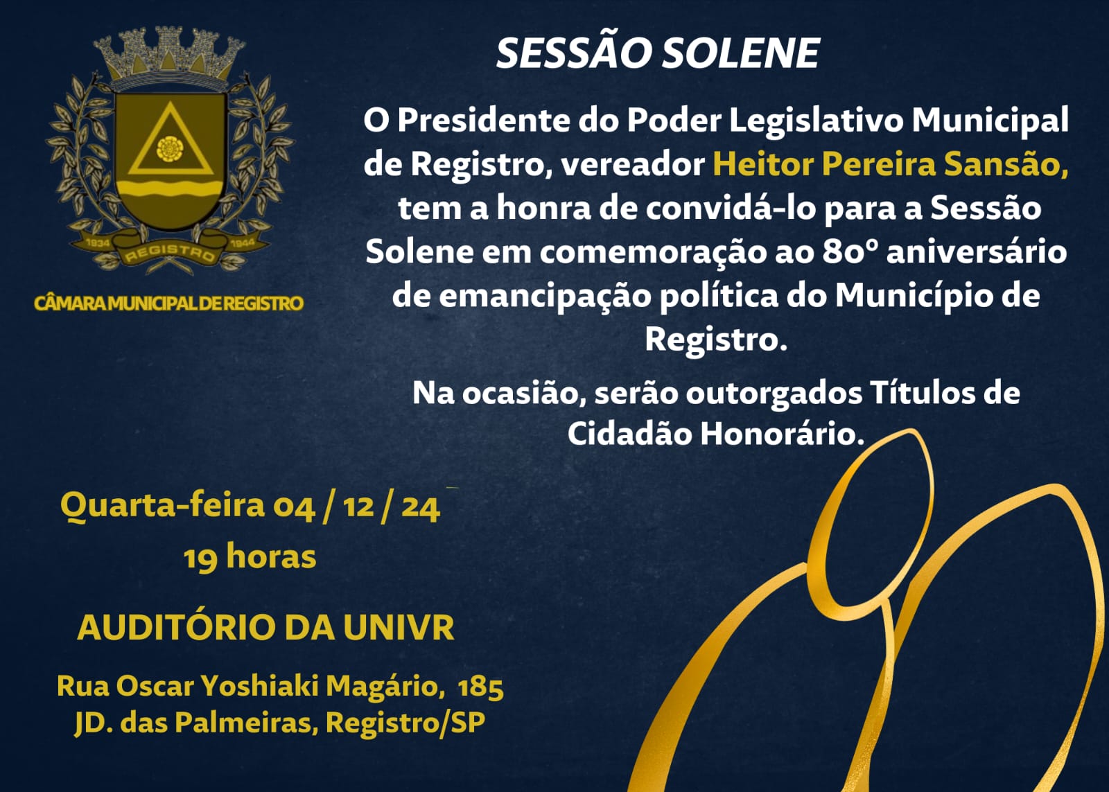 Sessão Solene em Comemoração aos 80 anos de Registro será no dia 4 de dezembro